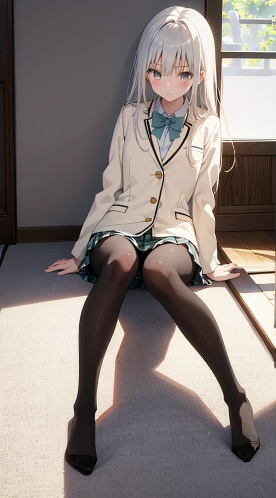 Top quality, masterpiece, High resolution, (Head to toe full body), front, frontやや下からの構図, Symmetric, Tall 18 year old girl, alone, (Head to toe), (Small breasts), bangs, (black tights), (Black Pantyhose), (Sit with your legs apart), (Crouching pose), (A composition showing white panties), (Her legs were spread、I see your white pants.), (I was made to sit on the floor with my legs spread..), (M-shaped legs), Thin legs, A very beautiful and tall 18 year old girl, (No shoes), blush, Shy big eyes, looking at the camera, Blazer Uniform, Checkered Pleated Skirt