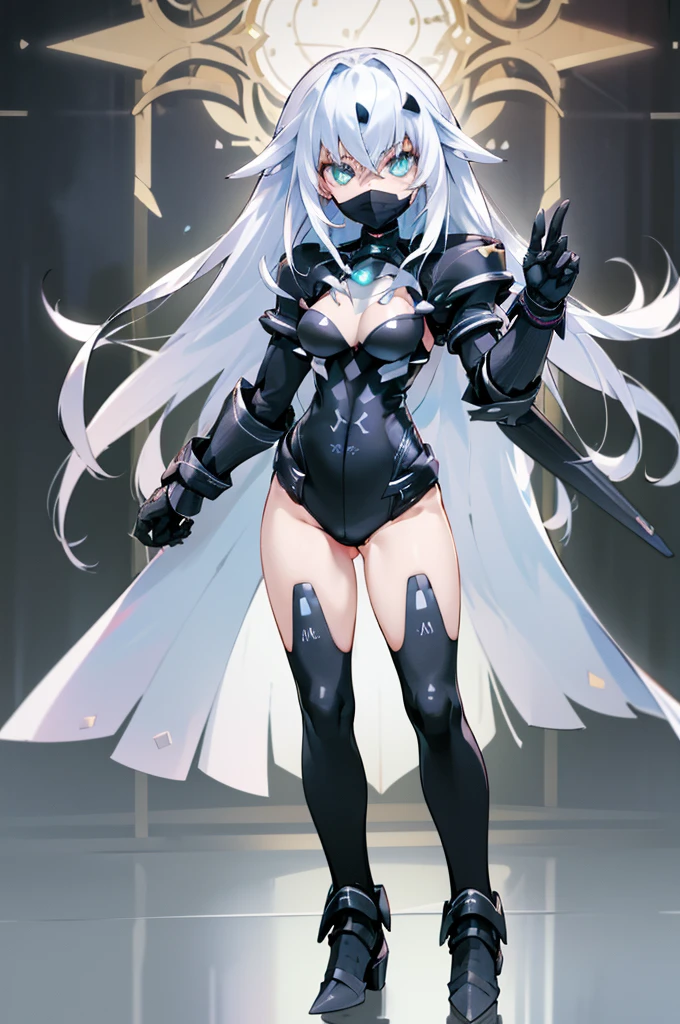 ((detailed), high_quality, master_quality, (realistic), (full_body), standing, 8k, masterpiece, (Black_Heart), white_hair, medium_breasts, sexy, BlackHeartBase, symbol-shaped pupils, black leotard, elbow gloves, (melusine), 1stascend, black thighhighs, armor, armored dress, (blue armor), breastplate, gloves, mask, pauldrons, shoulder armor, high_heels