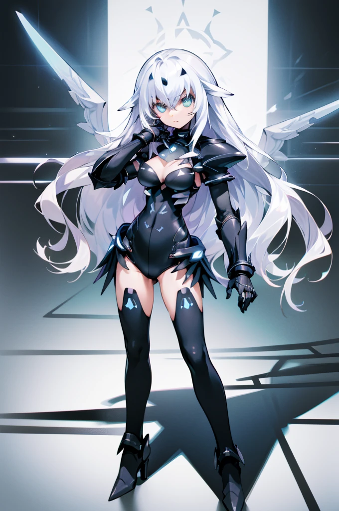 ((detailed), high_quality, master_quality, (realistic), (full_body), standing, 8k, masterpiece, (Black_Heart), white_hair, medium_breasts, sexy, BlackHeartBase, symbol-shaped pupils, black leotard, elbow gloves, (melusine), 1stascend, black thighhighs, armor, armored dress, (blue armor), breastplate, gloves, mask, pauldrons, shoulder armor, high_heels