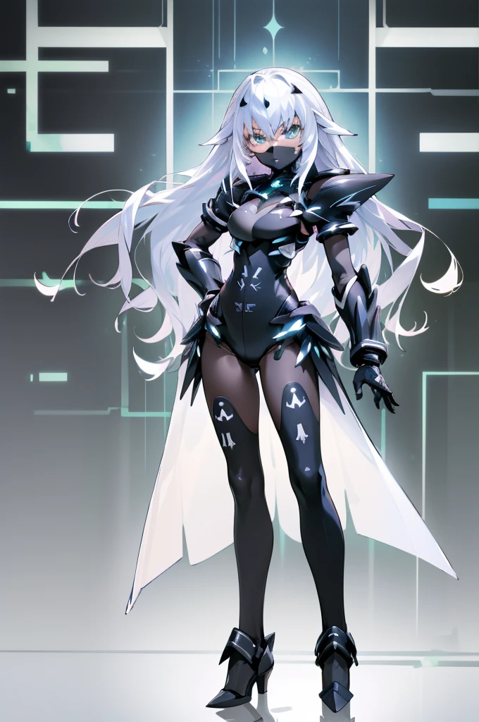 ((detailed), high_quality, master_quality, (realistic), (full_body), standing, 8k, masterpiece, (Black_Heart), white_hair, medium_breasts, sexy, BlackHeartBase, symbol-shaped pupils, black leotard, elbow gloves, (melusine), 1stascend, black thighhighs, armor, armored dress, (blue armor), breastplate, gloves, mask, pauldrons, shoulder armor, high_heels