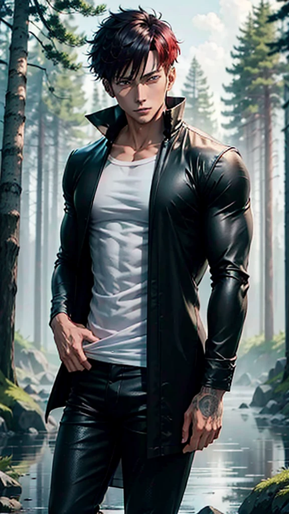 a dashing male anime character with a thin, handsome face, charismatic "shanks" in the "one pice" series wearing a white shirt, short black jeans, and a black robe, short red hair, with HD resolution, 4k anime with forest background and water, falling rain.