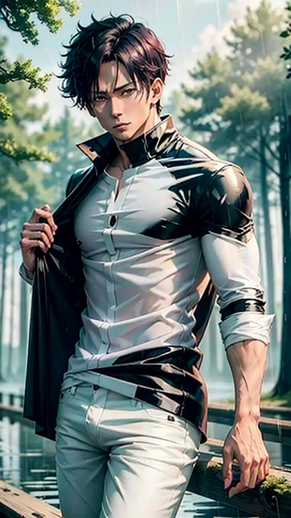 a dashing male anime character with a thin, handsome face, charismatic "shanks" in the "one pice" series wearing a white shirt, short black jeans, and a black robe, short red hair, with HD resolution, 4k anime with forest background and water, falling rain.