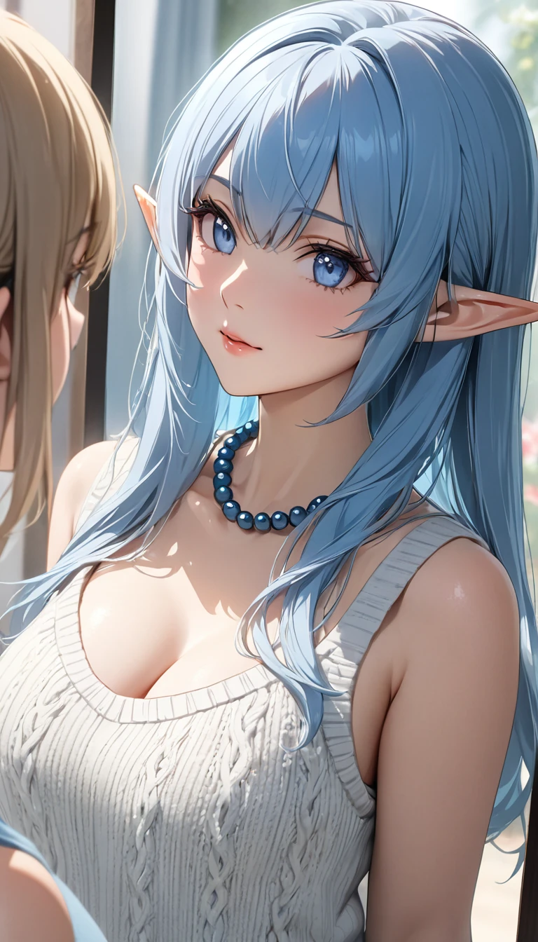 pointy ears, anime style, masterpiece, accurate, textured skin, high quality, best quality, highres, high details, super detail, elf, gorgeous adult woman, long neck, long blue hair, bangs, perfect eyes, cleavage, soft light, high quality, 4k resolution, casual clothes, bead necklace, Summer knitwear, Mirror Glass