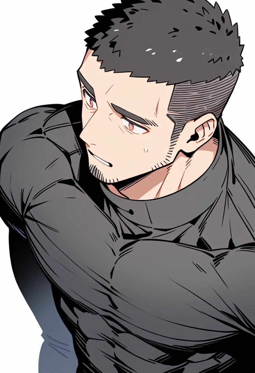 anime characters:Priapus, Muscle Sports Student, Buzz Cut, Manliness, male focus, Light Grey high collar long sleeve tight T-shirt, Very tight, full and perky chest muscles, muscular male, muscular, only, Upper body, alone, Black short hair, Thick eyebrows, stubble, Brown-red pupils, White background, simple background, amazing quality, best aesthetics, Ridiculous, crew cut, parted lips, flustered, endured face, negative space, best quality