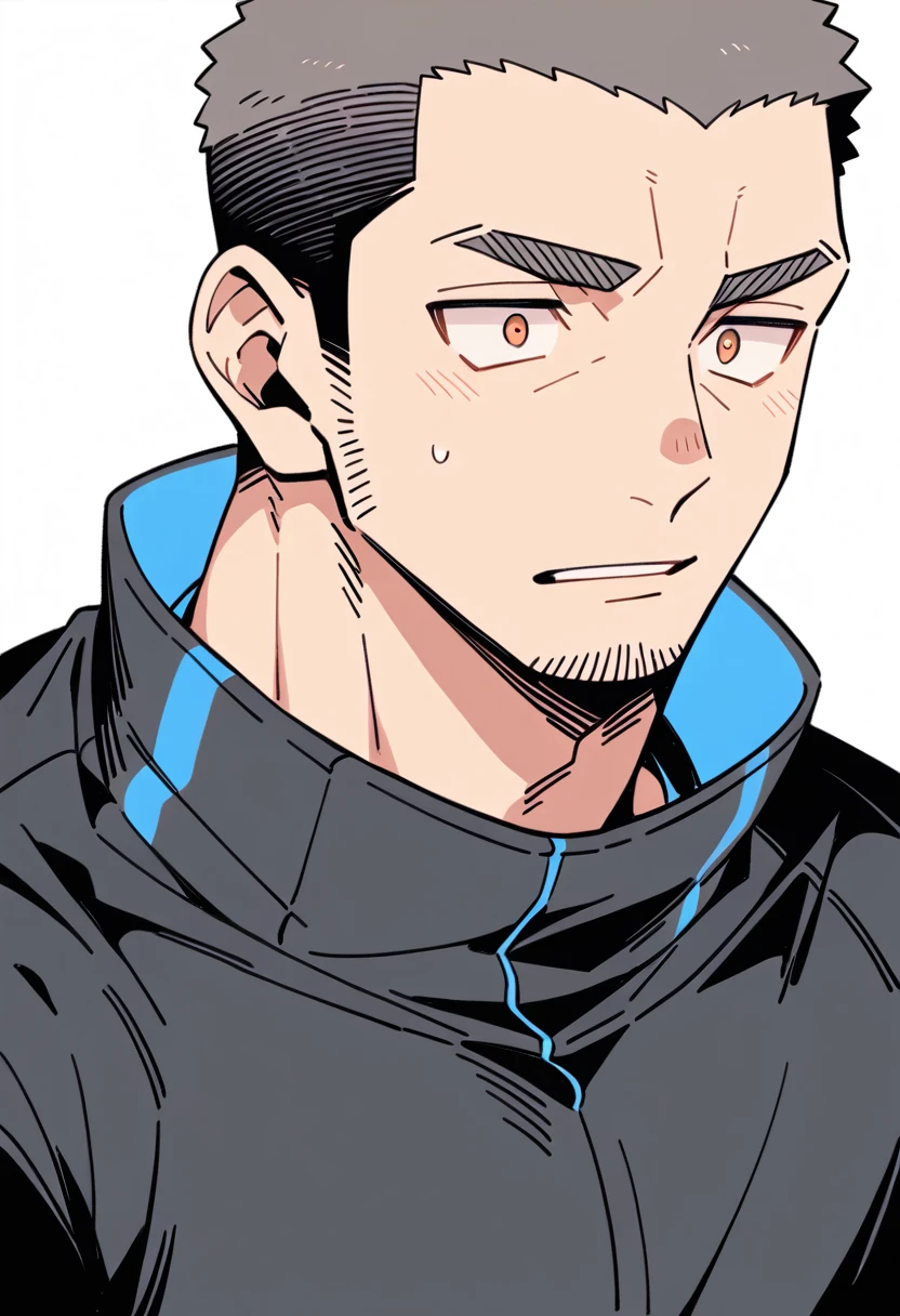 anime characters:Priapus, Muscle Sports Student, Buzz Cut, Manliness, male focus, Light Grey high collar long sleeve tight T-shirt, Very tight, full and perky chest muscles, muscular male, muscular, only, Upper body, alone, Black short hair, Thick eyebrows, stubble, Brown-red pupils, White background, simple background, amazing quality, best aesthetics, Ridiculous, crew cut, parted lips, flustered, endured face, negative space, best quality