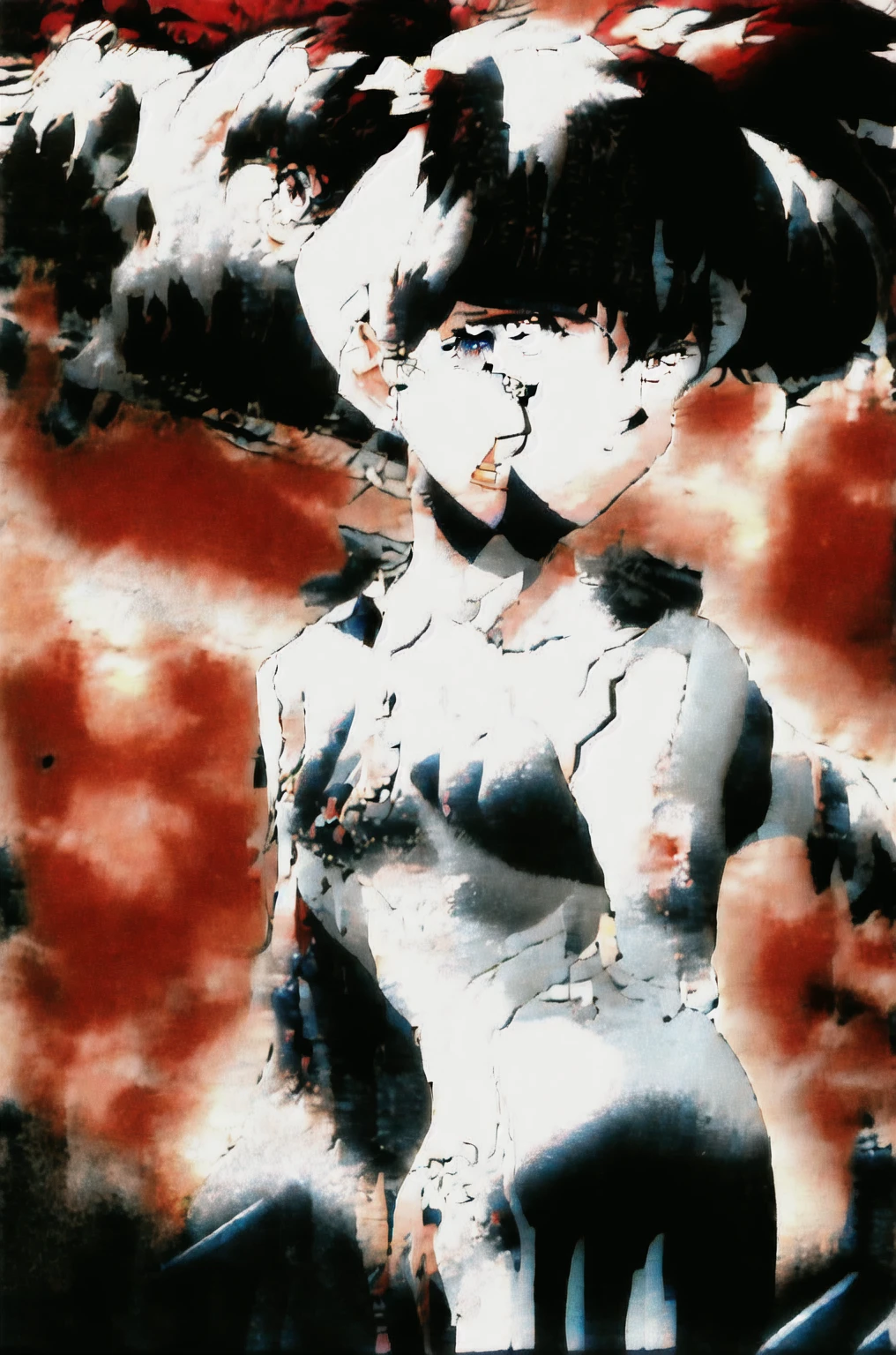 Peony \(幽☆遊☆白書\), 1990s \(style\), One girl, Black Hair, Long Hair, View your viewers, ponytail, retro artstyle, Standing Alone,Orange Eyes,