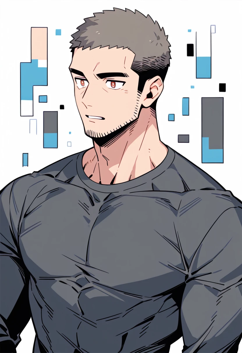 anime characters:Priapus, Muscle Sports Student, Buzz Cut, Manliness, male focus, Light Grey high collar long sleeve tight T-shirt, Very tight, full and perky chest muscles, muscular male, muscular, only, Upper body, alone, Black short hair, Thick eyebrows, stubble, Brown-red pupils, White background, simple background, amazing quality, best aesthetics, Ridiculous, crew cut, parted lips, flustered, endured face, negative space, best quality