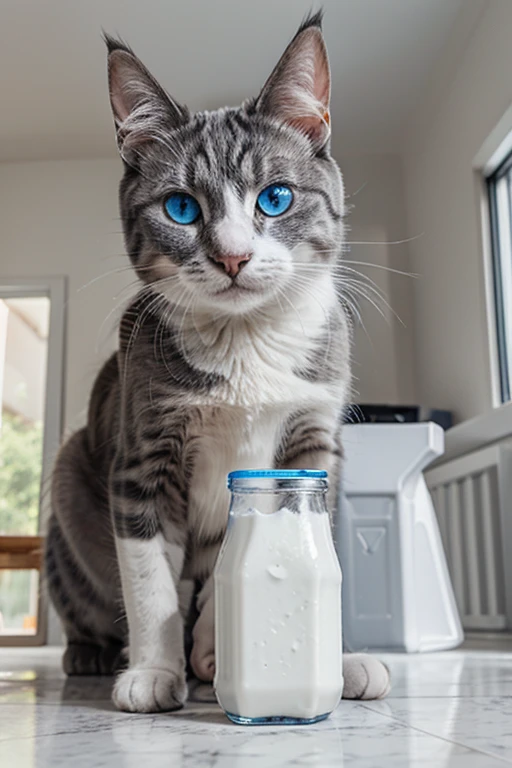 create a gray and white cat with blue eyes , drinking milk