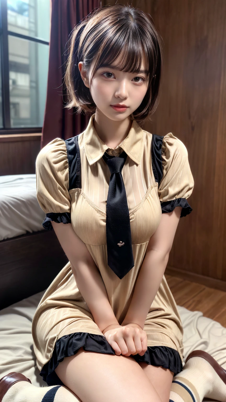 (absurdres:1.3), (highres:1.3), (ultra detailed:1.3),(1girl:1.3), (extremely detailed CG unity 8k wallpaper:1.3), (detailed skin texture, detailed cloth texture, detailed hair texture), (beautiful detailed face, supermodel, pale skin, realistic glistening skin), (RAW photo, best quality), (realistic, photo-realistic:1.4), masterpiece, extremely delicate and beautiful,Amazing, finely detail, extremely detailed CG unity 8k wallpaper, huge filesize, ultra-detailed, highres, absurdres, soft light,rim light, vibrant details, hotel room, short bob hair, (large breasts:1.2), black hair color, Big Natural Color Lip, (perfect body shape), beautiful legs, BREAK (beige and brown theme:1.5), (school uniform:1.2), (fit body:1.3), (fusion of collared-shirt and beige and brown vertical stripe pattern sundress:1.5), (beige collar with brown tie:1.4), ((short sleeve, bare arms):1.3), (beige socks:1.2), (loafers:1.1), crying a little、little smile, Harajuku style、20 year old girl、cute type、ta、
