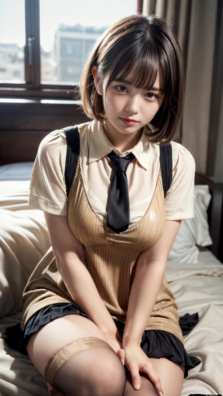 (absurdres:1.3), (highres:1.3), (ultra detailed:1.3),(1girl:1.3), (extremely detailed CG unity 8k wallpaper:1.3), (detailed skin texture, detailed cloth texture, detailed hair texture), (beautiful detailed face, supermodel, pale skin, realistic glistening skin), (RAW photo, best quality), (realistic, photo-realistic:1.4), masterpiece, extremely delicate and beautiful,Amazing, finely detail, extremely detailed CG unity 8k wallpaper, huge filesize, ultra-detailed, highres, absurdres, soft light,rim light, vibrant details, hotel room, short bob hair, (large breasts:1.2), black hair color, Big Natural Color Lip, (perfect body shape), beautiful legs, BREAK (beige and brown theme:1.5), (school uniform:1.2), (fit body:1.3), (fusion of collared-shirt and beige and brown vertical stripe pattern sundress:1.5), (beige collar with brown tie:1.4), ((short sleeve, bare arms):1.3), (beige socks:1.2), (loafers:1.1), crying a little、little smile, Harajuku style、20 year old girl、cute type、lolita、