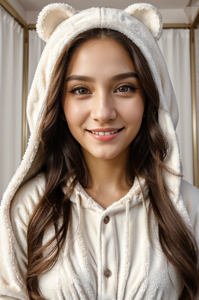 hannahowo, (25 year old woman), long hair, smiling, modern photo, wearing (bear costume), (portrait), cute bear onesie pajamas, super soft light brown plush fabric, fluffy hood, adorable bear head with big sparkling eyes, (35mm, F/2.8) Photo Focus, DOF, Aperture, insanely detailed and intricate, character, hypermaximalist, beautiful, revealing, appealing, attractive, amative, hyper realistic, super detailed, beautiful girl, ((detailed eyes)), long eyelashes, (glossy lips), in her room