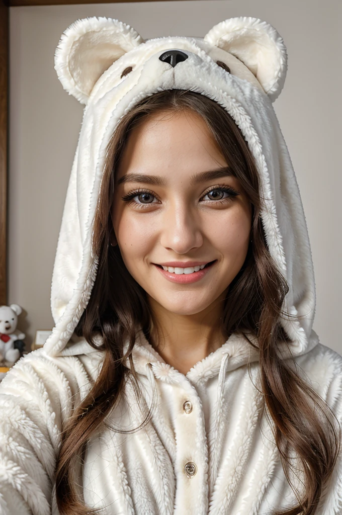 hannahowo, (25 year old woman), long hair, smiling, modern photo, wearing (bear costume), (portrait), cute bear onesie pajamas, super soft light brown plush fabric, fluffy hood, adorable bear head with big sparkling eyes, (35mm, F/2.8) Photo Focus, DOF, Aperture, insanely detailed and intricate, character, hypermaximalist, beautiful, revealing, appealing, attractive, amative, hyper realistic, super detailed, beautiful girl, ((detailed eyes)), long eyelashes, (glossy lips), in her room