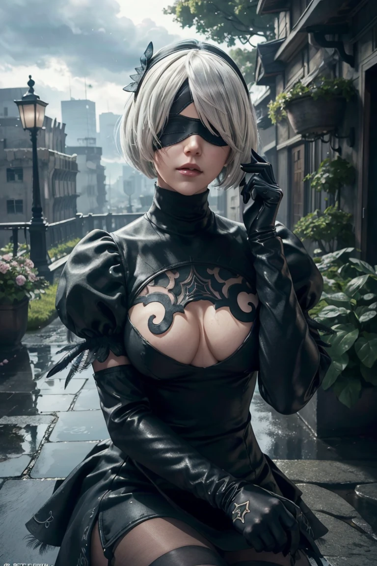 2B Nier Automata,Bobcut, Gray Hair,Long sleeve, Juliet Sleeve, White gloves, turtleneck, bangs, Feather ornament, Feather ornament sleeves, Blindfold, Black Goth Dress,Japanese Ultra HD,super high quality,masterpiece,Digital SLR,Photorealistic,Detailed details,Vivid details,Depicted in detail,A detailed face,Detailed details,Super Detail,Realistic skin texture,Anatomical basis,Perfect Anatomy,Anatomically correct hand,Anatomically correct fingers,Complex 3D rendering,Sexy pose,Rainy Sky,Beautiful scenery,Fantastic rainy sky,Fantasy worldview,Picturesque,Pink Lips,Black butterfly々Fluttering,Black Rose Field,