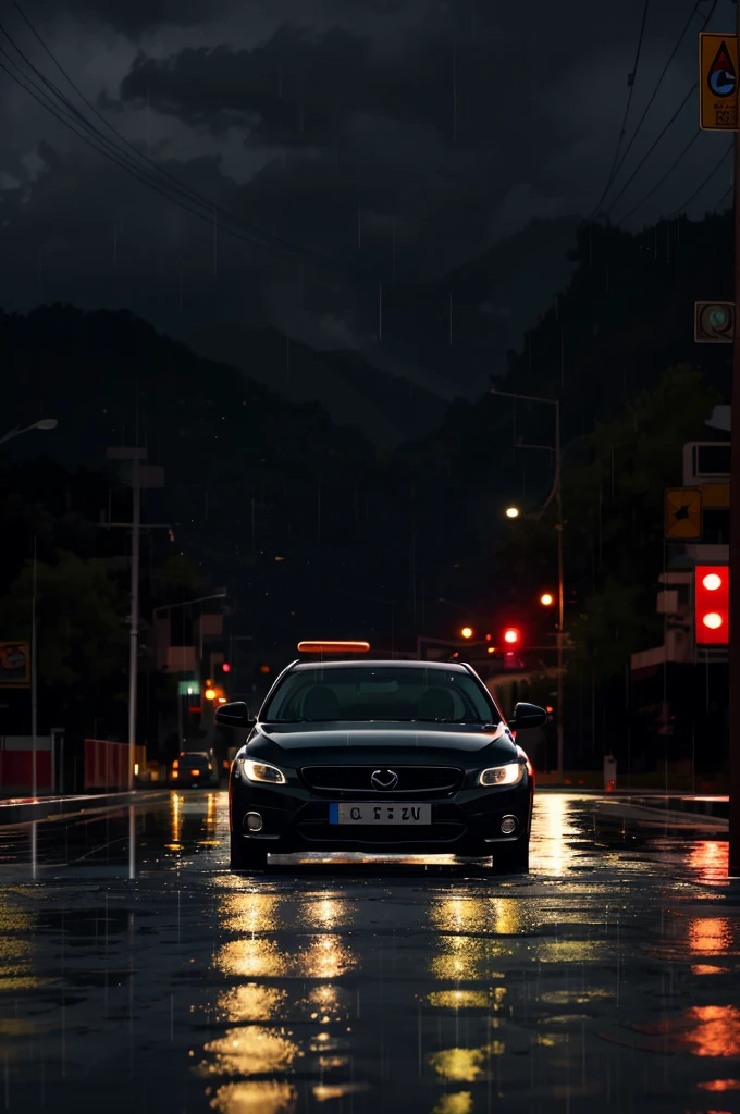 A black car on a deserted road with lots of rain
