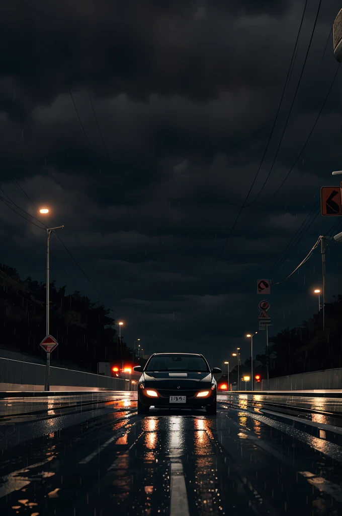 A black car on a deserted road with lots of rain