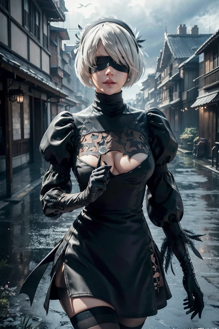 2B Nier Automata,Bobcut, Gray Hair,Long sleeve, Juliet Sleeve, White gloves, turtleneck, bangs, Feather ornament, Feather ornament sleeves, Blindfold, Black Goth Dress,Japanese Ultra HD,super high quality,masterpiece,Digital SLR,Photorealistic,Detailed details,Vivid details,Depicted in detail,A detailed face,Detailed details,Super Detail,Realistic skin texture,Anatomical basis,Perfect Anatomy,Anatomically correct hand,Anatomically correct fingers,Complex 3D rendering,Sexy pose,Rainy Sky,Beautiful scenery,Fantastic rainy sky,Fantasy worldview,Picturesque,Pink Lips,Black butterfly々Fluttering,