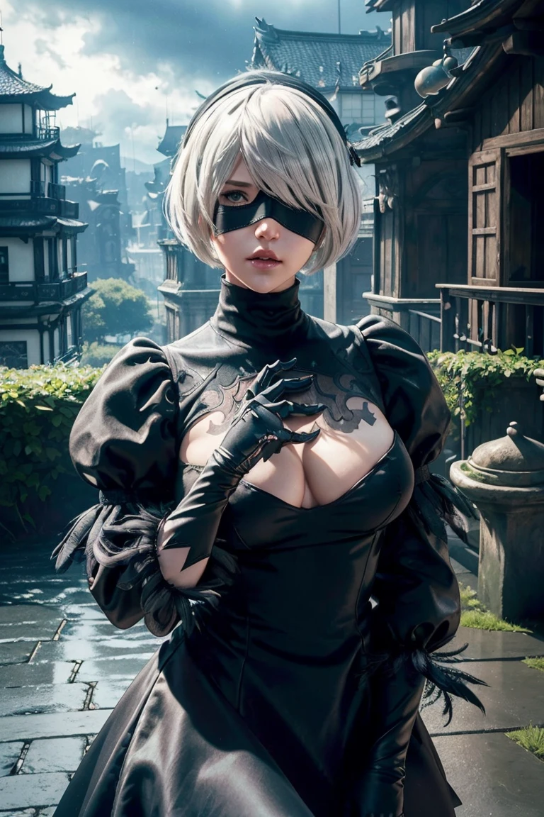 2B Nier Automata,Bobcut, Gray Hair,Long sleeve, Juliet Sleeve, White gloves, turtleneck, bangs, Feather ornament, Feather ornament sleeves, Blindfold, Black Goth Dress,Japanese Ultra HD,super high quality,masterpiece,Digital SLR,Photorealistic,Detailed details,Vivid details,Depicted in detail,A detailed face,Detailed details,Super Detail,Realistic skin texture,Anatomical basis,Perfect Anatomy,Anatomically correct hand,Anatomically correct fingers,Complex 3D rendering,Sexy pose,Rainy Sky,Beautiful scenery,Fantastic rainy sky,Fantasy worldview,Picturesque,Pink Lips,Black butterfly々Fluttering,Black Rose Field,