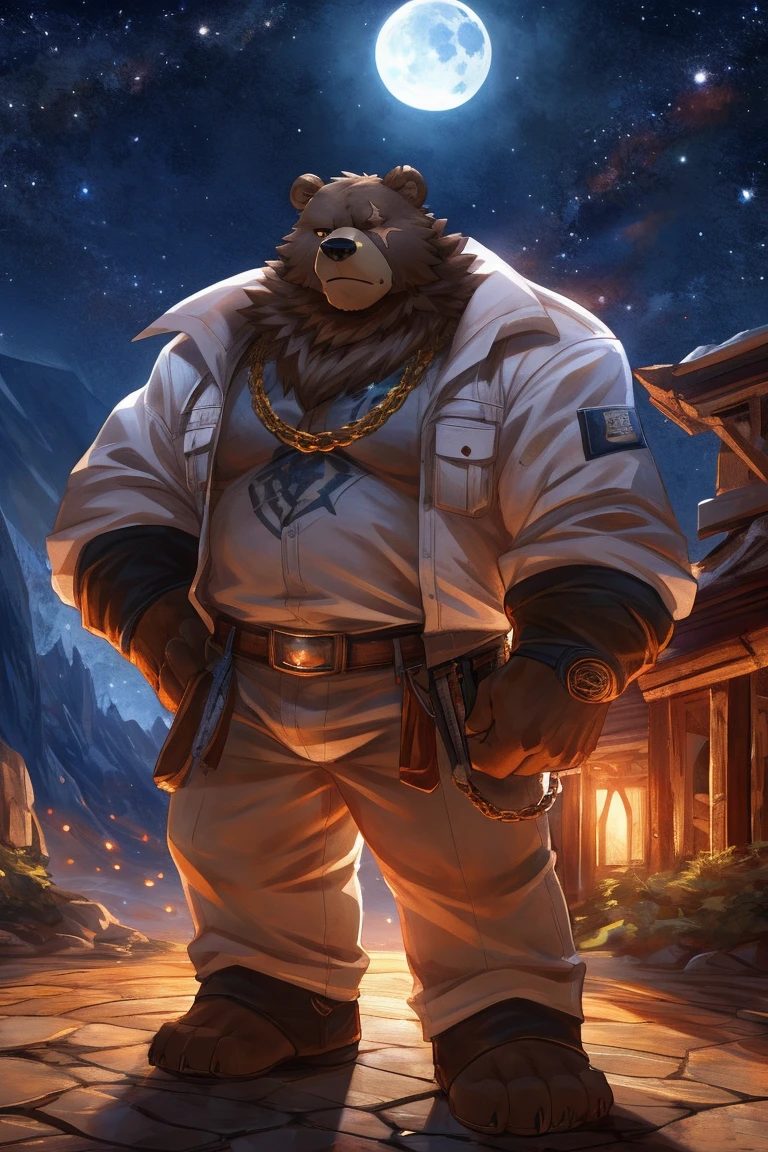 human nature, Wildlife, male,36 years old，Uncle， solitary, ((Round Face, The face is plump,Orange eyes,thick brown hair，Furry little ears with scars)), ((Endomorph, Handsome的，Hot Blood)), （construction worker，White architectural clothing), ((domestic brown bear, Bear Orc，) Fluffy fur, Fluffy), Bokeh, (high quality, high resolution, masterpiece), (Dynamic Lighting, Vibrant colors，Natural fill light), (Revitalize，Handsome，), Full body picture (close up), cartoon, author：Takemoto Arashi, From zixiong, By Chunni, author：Empty Ghost，moonlight，Cliff Edge，Leaning against the building，Night，Invite the other ，Beautiful starry sky，（background：moonlight的Cliff Edge）