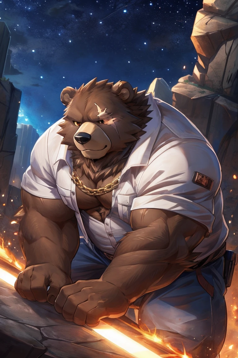 human nature, Wildlife, male,36 years old，Uncle， solitary, ((Round Face, The face is plump,Orange eyes,thick brown hair，Furry little ears with scars)), ((Endomorph, Handsome的，Hot Blood)), （construction worker，White architectural clothing), ((domestic brown bear, Bear Orc，) Fluffy fur, Fluffy), Bokeh, (high quality, high resolution, masterpiece), (Dynamic Lighting, Vibrant colors，Natural fill light), (Revitalize，Handsome，), Full body picture (close up), cartoon, author：Takemoto Arashi, From zixiong, By Chunni, author：Empty Ghost，moonlight，Cliff Edge，Leaning against the building，Night，Invite the other ，Beautiful starry sky，（background：moonlight的Cliff Edge）