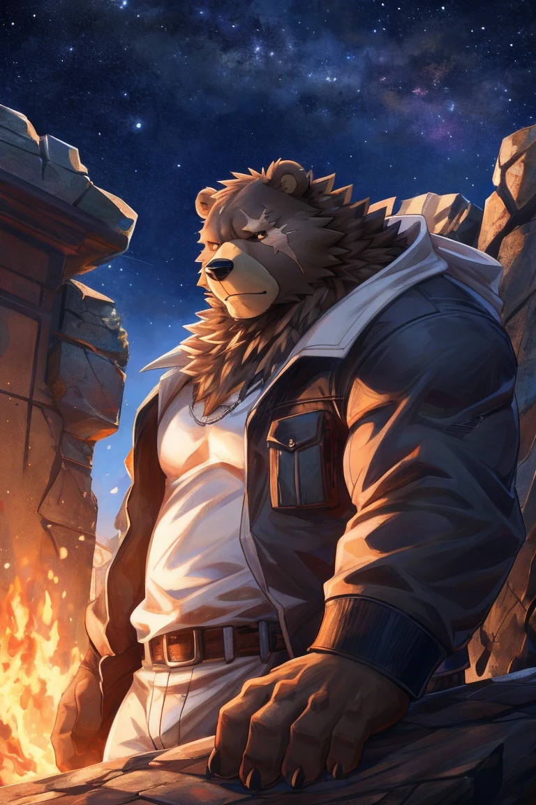 human nature, Wildlife, male,36 years old，Uncle， solitary, ((Round Face, The face is plump,Orange eyes,thick brown hair，Furry little ears with scars)), ((Endomorph, Handsome的，Hot Blood)), （construction worker，White architectural clothing), ((domestic brown bear, Bear Orc，) Fluffy fur, Fluffy), Bokeh, (high quality, high resolution, masterpiece), (Dynamic Lighting, Vibrant colors，Natural fill light), (Revitalize，Handsome，), Full body picture (close up), cartoon, author：Takemoto Arashi, From zixiong, By Chunni, author：Empty Ghost，moonlight，Cliff Edge，Leaning against the building，Night，Invite the other ，Beautiful starry sky，（background：moonlight的Cliff Edge）