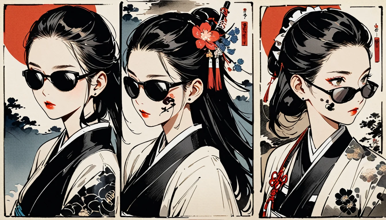 Ink Painting, (((1 girl))), (((Tattoo on face))), (((sunglasses))), Japanese style headphones, Japanese sword, beautiful girl, Black Hair, Delicate and precise, Modern ukiyo-e style, Maid