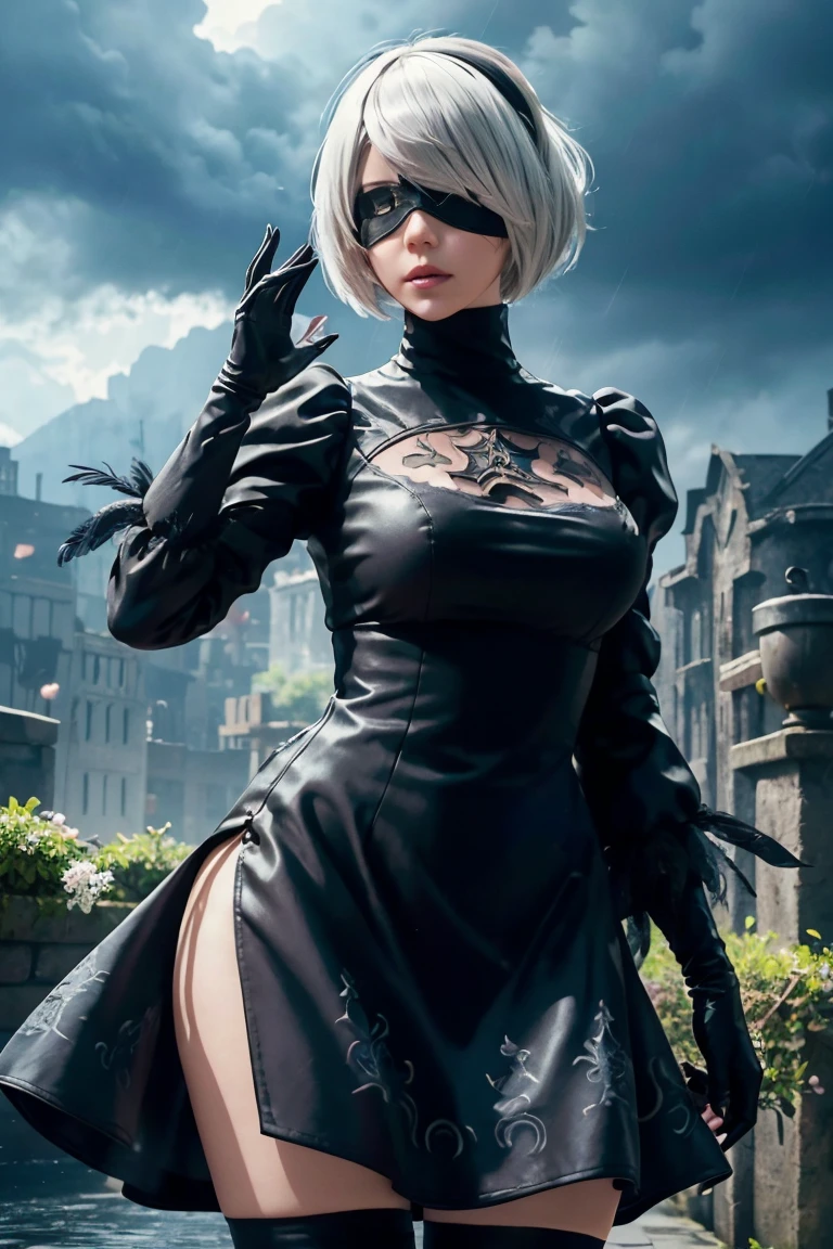 2B Nier Automata,Bobcut, Gray Hair,Long sleeve, Juliet Sleeve, White gloves, turtleneck, bangs, Feather ornament, Feather ornament sleeves, Blindfold, Black Goth Dress,Japanese Ultra HD,super high quality,masterpiece,Digital SLR,Photorealistic,Detailed details,Vivid details,Depicted in detail,A detailed face,Detailed details,Super Detail,Realistic skin texture,Anatomical basis,Perfect Anatomy,Anatomically correct hand,Anatomically correct fingers,Complex 3D rendering,Sexy pose,Rainy Sky,Beautiful scenery,Fantastic rainy sky,Fantasy worldview,Picturesque,Pink Lips,Black butterfly々Fluttering,Black Rose Field,