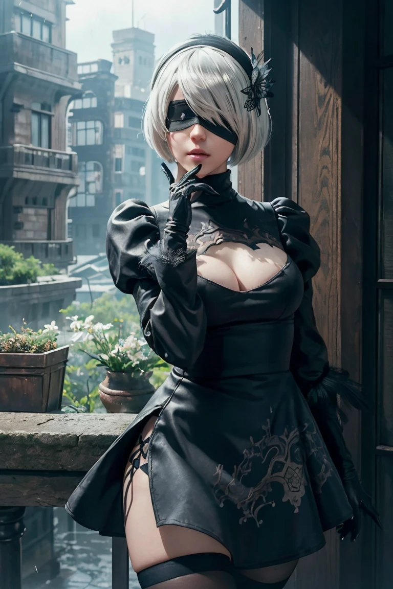 2B Nier Automata,Bobcut, Gray Hair,Long sleeve, Juliet Sleeve, White gloves, turtleneck, bangs, Feather ornament, Feather ornament sleeves, Blindfold, Black Goth Dress,Japanese Ultra HD,super high quality,masterpiece,Digital SLR,Photorealistic,Detailed details,Vivid details,Depicted in detail,A detailed face,Detailed details,Super Detail,Realistic skin texture,Anatomical basis,Perfect Anatomy,Anatomically correct hand,Anatomically correct fingers,Complex 3D rendering,Sexy pose,Rainy Sky,Beautiful scenery,Fantastic rainy sky,Fantasy worldview,Picturesque,Pink Lips,Black butterfly々Fluttering,Black Rose Field,