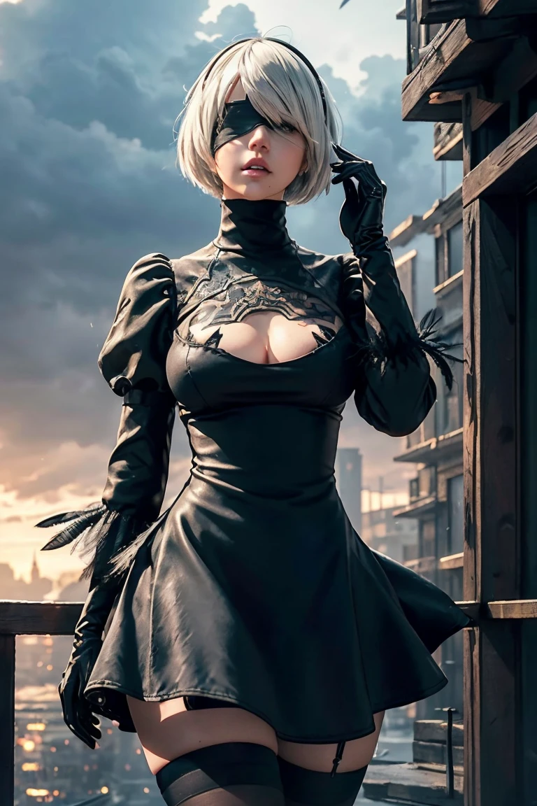 2B Nier Automata,Bobcut, Gray Hair,Long sleeve, Juliet Sleeve, White gloves, turtleneck, bangs, Feather ornament, Feather ornament sleeves, Blindfold, Black Goth Dress,Japanese Ultra HD,super high quality,masterpiece,Digital SLR,Photorealistic,Detailed details,Vivid details,Depicted in detail,A detailed face,Detailed details,Super Detail,Realistic skin texture,Anatomical basis,Perfect Anatomy,Anatomically correct hand,Anatomically correct fingers,Complex 3D rendering,Sexy pose,Rainy Sky,Beautiful scenery,Fantastic rainy sky,Fantasy worldview,Picturesque,Pink Lips,Black butterfly々Fluttering,Black Rose Field,