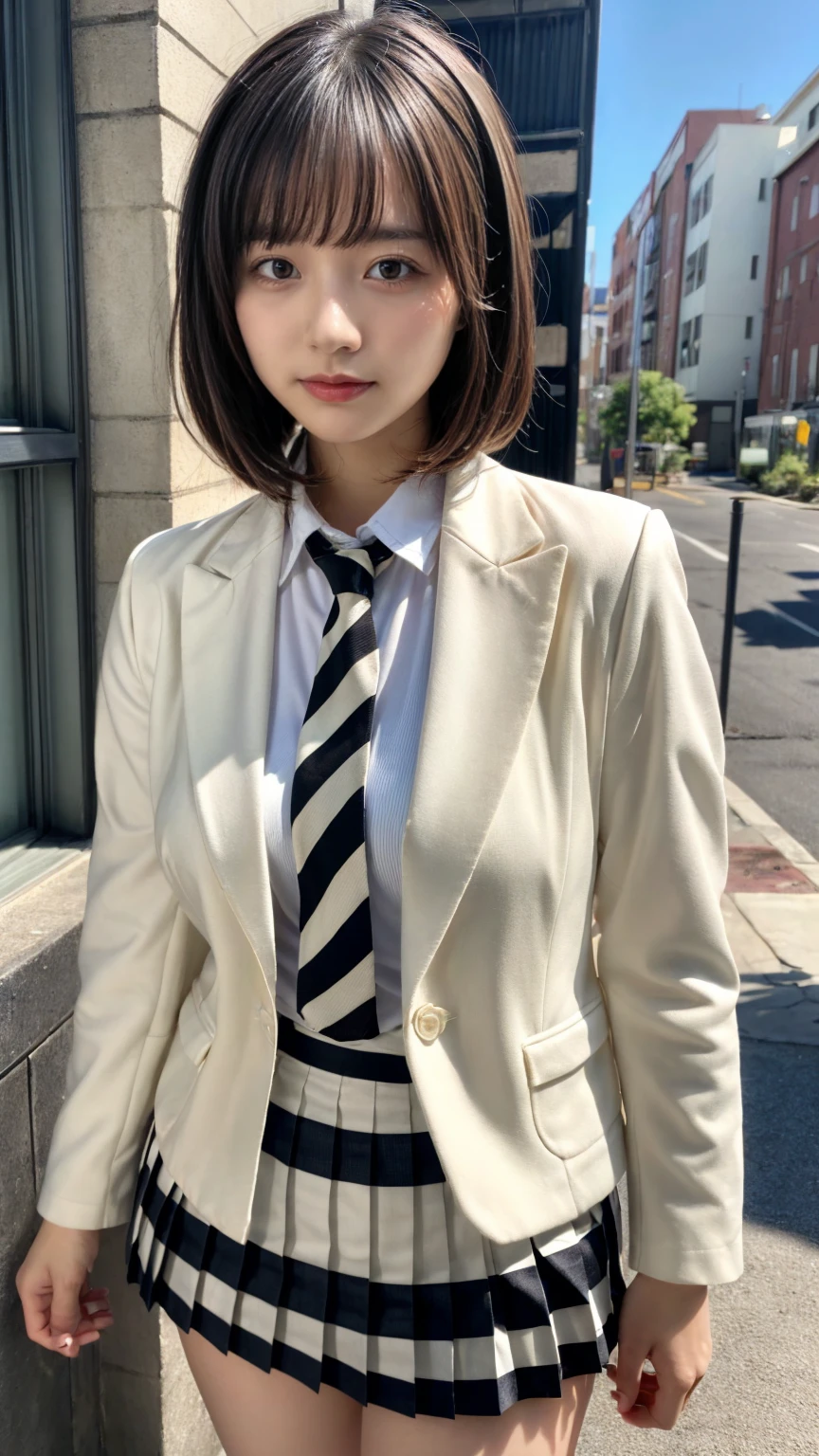 (absurdres:1.3), (highres:1.3), (ultra detailed:1.3),(1girl:1.3), (extremely detailed CG unity 8k wallpaper:1.3), (detailed skin texture, detailed cloth texture, detailed hair texture), (beautiful detailed face, supermodel, pale skin, realistic glistening skin), (RAW photo, best quality), (realistic, photo-realistic:1.4), masterpiece, extremely delicate and beautiful,Amazing, finely detail, extremely detailed CG unity 8k wallpaper, huge filesize, ultra-detailed, highres, absurdres, soft light,rim light, vibrant details, short bob hair, large breasts, black hair color, Big Natural Color Lip, (perfect body shape), beautiful legs, BREAK (Ivory-white theme:1.4), (Ivory-white blazer:1.4), (school uniform:1.2), (long sleeve:1.2), (white shirt:1.3), (white socks:1.2),

BREAK (black and white theme:1.2), (black and white stripes tie:1.3), (black and white tartan-check pleated skirt:1.2), 

BREAK (brown loafers:1.2), crying a little、little smile, Harajuku style、20 year old girl、cute type、ta、standing