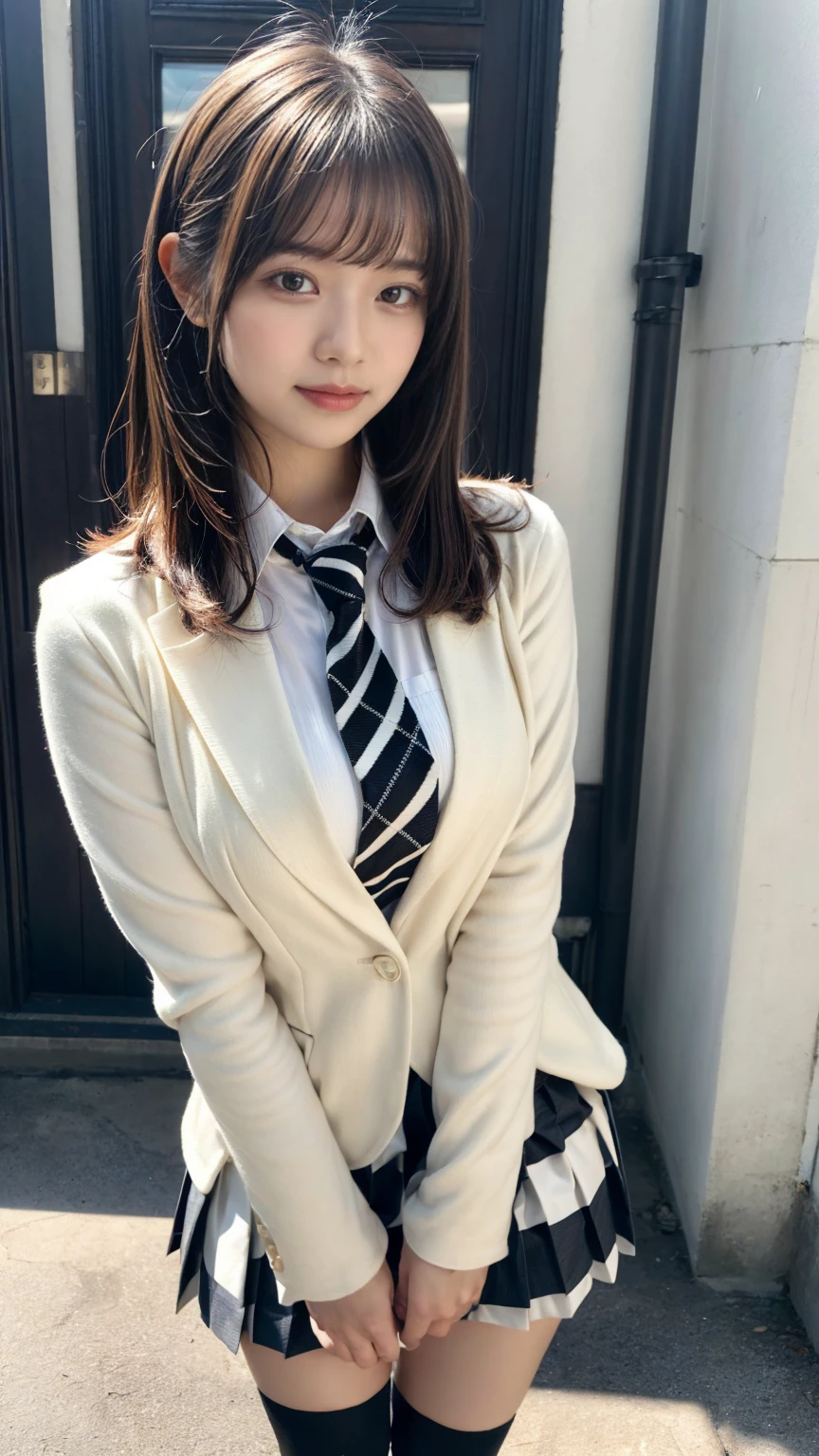 (absurdres:1.3), (highres:1.3), (ultra detailed:1.3),(1girl:1.3), (extremely detailed CG unity 8k wallpaper:1.3), (detailed skin texture, detailed cloth texture, detailed hair texture), (beautiful detailed face, supermodel, pale skin, realistic glistening skin), (RAW photo, best quality), (realistic, photo-realistic:1.4), masterpiece, extremely delicate and beautiful,Amazing, finely detail, extremely detailed CG unity 8k wallpaper, huge filesize, ultra-detailed, highres, absurdres, soft light,rim light, vibrant details, short bob hair, large breasts, black hair color, Big Natural Color Lip, (perfect body shape), beautiful legs, BREAK (Ivory-white theme:1.4), (Ivory-white blazer:1.4), (school uniform:1.2), (long sleeve:1.2), (white shirt:1.3), (white socks:1.2),

BREAK (black and white theme:1.2), (black and white stripes tie:1.3), (black and white tartan-check pleated skirt:1.2), 

BREAK (brown loafers:1.2), crying a little、little smile, Harajuku style、20 year old girl、cute type、lolita、standing