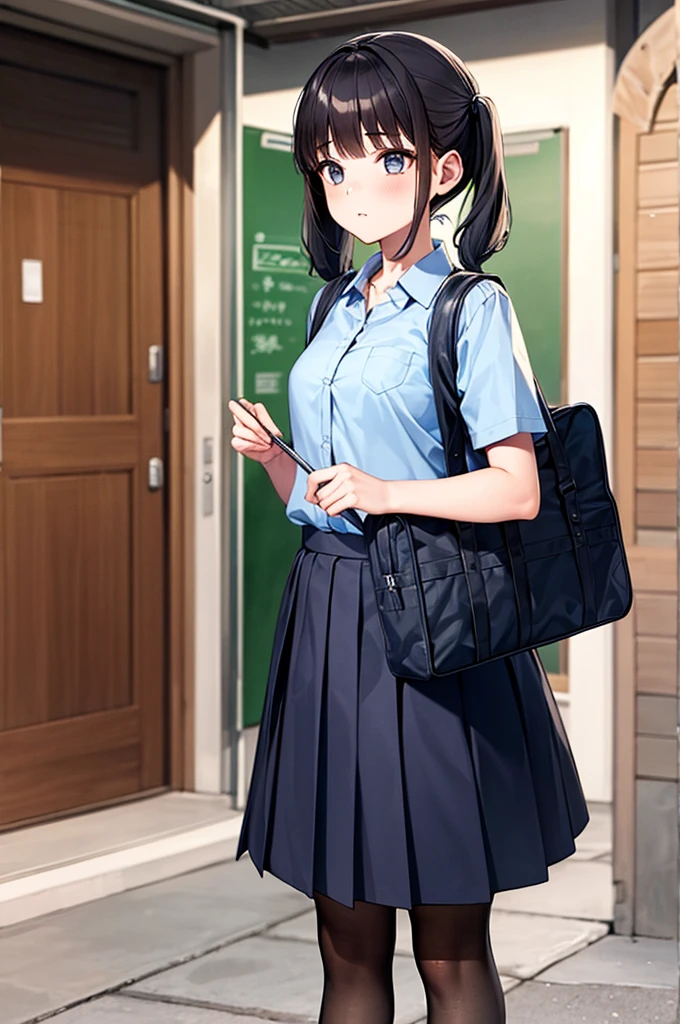 One girl, Are standing, Home, , school bag, Twin tails,
