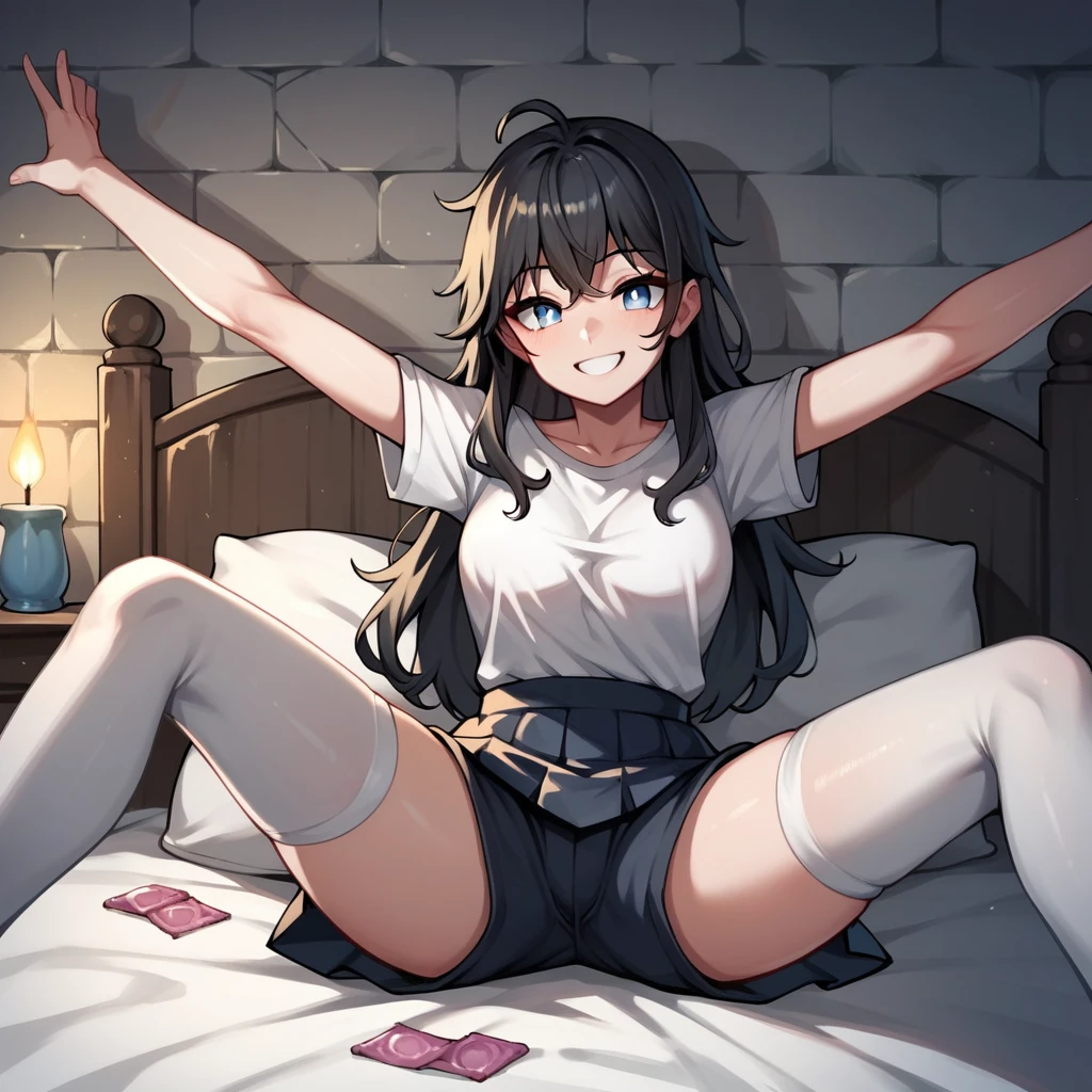 score_9, score_8_up, score_7_up, score_6_up, score_5_up, score_4_up, source_anime, 1girl, bed, black hair, long hair, white eyes, spread arms, messy hair, smile, white shirt, skirt, white stockings , night, condoms, dungeon, best quality, best res, 4K UHD,
1guy, blond hair, shirt, shorts, see girl, blue eyes, smile
 