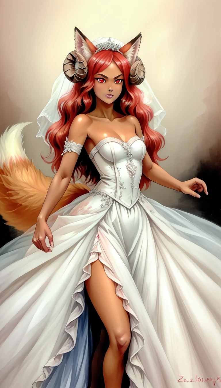 (zPDXL2),  score_9_up, painterly, faux traditional media, realistic, BREAK
1girl, solo, fullbody, (fox:1.2), (long wavy hair, bun hairstyle), glowing red eyes, (ram horns:1.2), (fox ears, fox tail), tanned skin, action pose, fluffy wedding dress, simple background, BREAK
AissistXLv2, unaestheticXL_bp5, SimplePositiveXLv2, zPDXL2 PonyXLV6_Scores