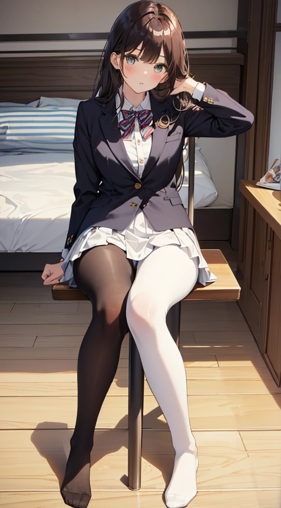 Top quality, masterpiece, High resolution, (Head to toe full body), front, frontやや下からの構図, Symmetric, Tall 18 year old girl, alone, (Head to toe), (Small breasts), bangs, (black tights), (Black Pantyhose), (Sit with your legs apart), (Crouching pose), (A composition showing white panties), (Her legs were spread、I see your white pants.), (I was made to sit on the floor with my legs spread..), (M-shaped legs), Thin legs, A very beautiful and tall 18 year old girl, (No shoes), blush, Shy big eyes, looking at the camera, Blazer Uniform, Checkered Pleated Skirt