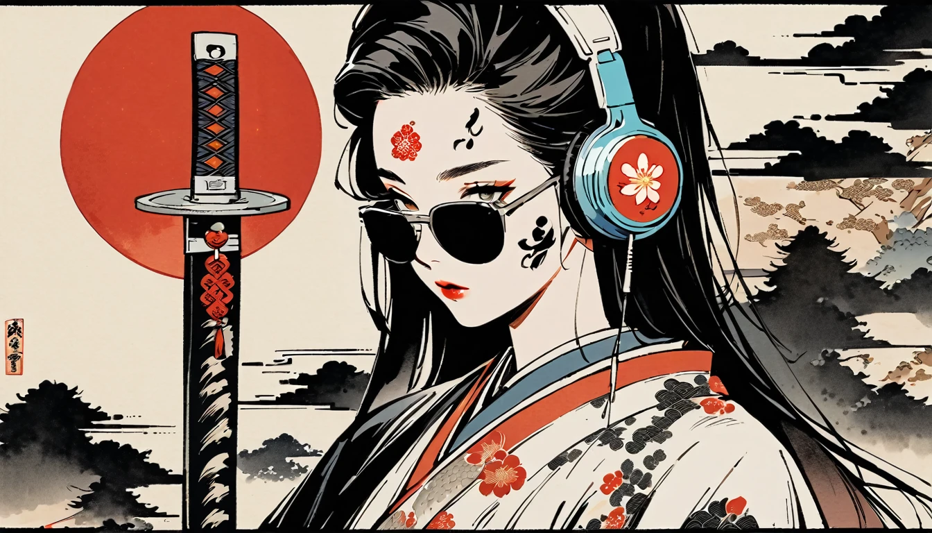 Ink Painting, (((1 girl))), (((Tattoo on face))), (((sunglasses))), Japanese style headphones, Japanese sword, beautiful girl, Black Hair, Delicate and precise, Modern ukiyo-e style, Maid