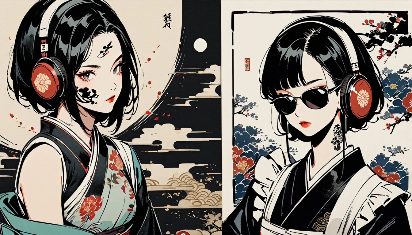 Ink Painting, (((1 girl))), (((Tattoo on face))), (((sunglasses))), Japanese style headphones, Japanese sword, beautiful girl, Black Hair, Delicate and precise, Modern ukiyo-e style, Maid