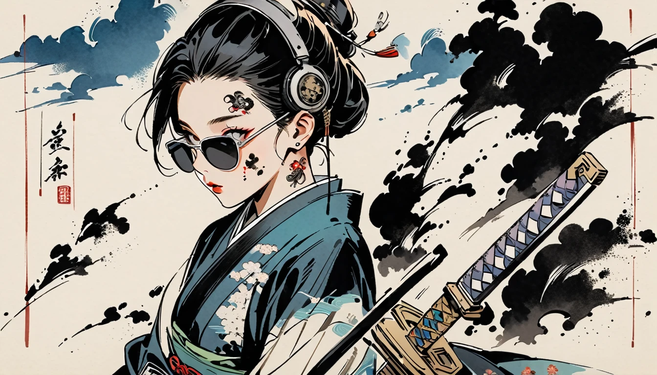 Ink Painting, (((1 girl))), (((Tattoo on face))), (((sunglasses))), Japanese style headphones, Japanese sword, beautiful girl, Black Hair, Delicate and precise, Modern ukiyo-e style, Maid