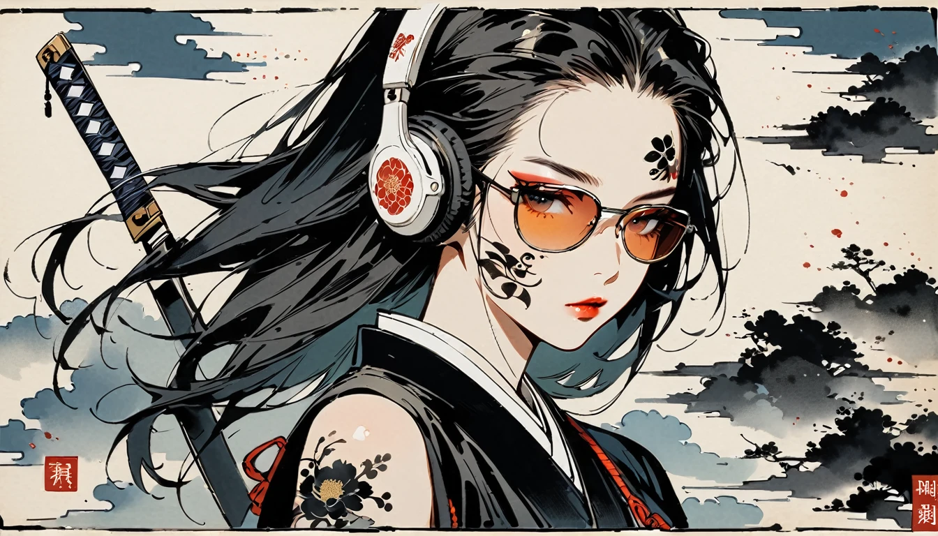 Ink Painting, (((1 girl))), (((Tattoo on face))), (((sunglasses))), Japanese style headphones, Japanese sword, beautiful girl, Black Hair, Delicate and precise, Modern ukiyo-e style, Maid