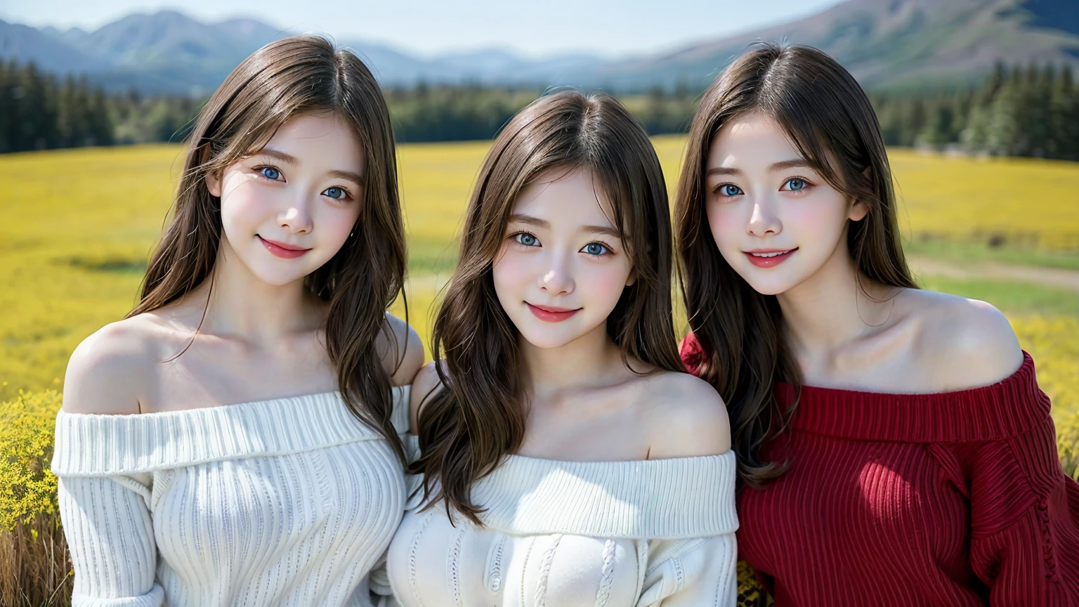 (3 girls), young faceอินโดนีเซีย, 12 years,smile, white skin, Round breast, blue eyes,((Wear a red off-the-shoulder sweater that shows off your chest..))Masterpiece, Highest quality, 8K, beautiful girl, young face、 photography, Cute face, thigh,In the meadow, Embarrassing、รอยsmile、((((((อายุ 12 years))))))、small waist、 ((big breasts))