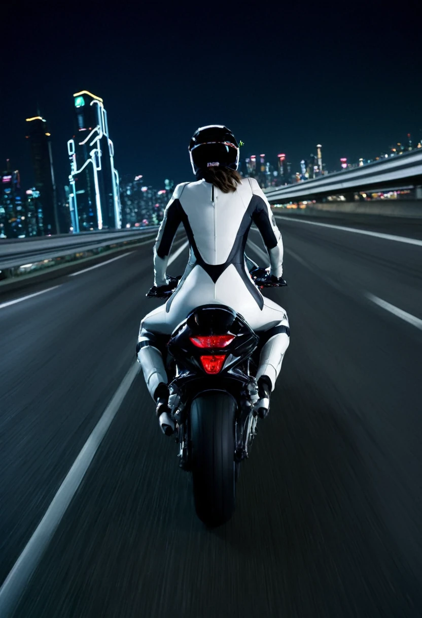jessica alba wearing a skin tight ghost in the shell body suit riding an akira motorcycle, perspective, from behind, from above, vanishing point, racing down a motorway at night, crouched in a moto racing position, dynamic background, night city