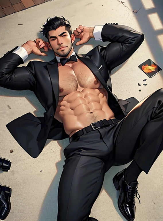 30 years old,Dad,Single simple black suit,Lying on the ground,Open your legs more,Black Belt,Black socks,Dirty black leather shoes,black tie,logic, Gay ,Black Hair,Short Hair,Thick eyebrows,Stubble,Lightly set your hair with wax,Arabian face,Masculine,Salaryman,Bulging in the crotch area of pants,Erotic ,View from above
