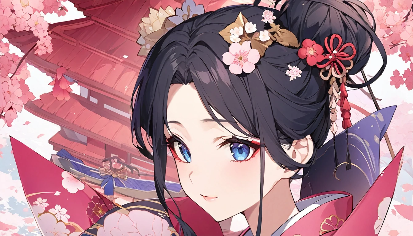 Create an image of a beautiful 21-year-old Japanese princess。. She must have straight black hair tied in a traditional Japanese bun., Mr.々Decorated with traditional Japanese accessories. Her eyes are blue、She is wearing a traditional feminine pink dress.&#39;that&#39;In kimono.. The setting is a forest of cherry blossoms in full bloom..