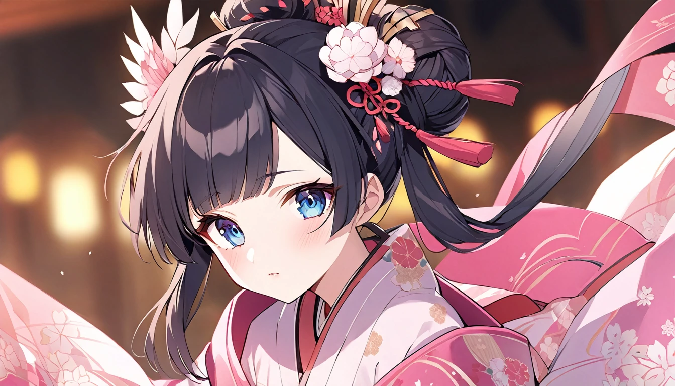 Create an image of a beautiful 21-year-old Japanese princess。. She must have straight black hair tied in a traditional Japanese bun., Mr.々Decorated with traditional Japanese accessories. Her eyes are blue、She is wearing a traditional feminine pink dress.'that'In kimono.. The setting is a forest of cherry blossoms in full bloom..