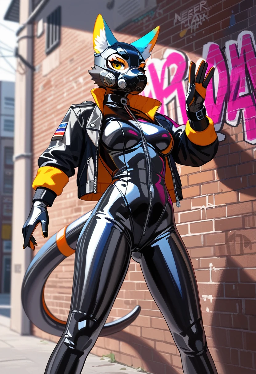animation, Highest quality, Highest quality, High quality illustrations, masterpiece, Ultra-high resolution, Detailed Background, Alley, Graffiti art on the wall, Absurd, Perfect Anatomy, performance, Good lighting, Shadows in the movies(kemono, Furry Personifi猫ion), Rubber suit, latex, neon, neonライト, neonカラー, Bodysuits, Cyber Suit, Leather Half Jacket, cyber punk, Leaning against the wall, Rubber mask