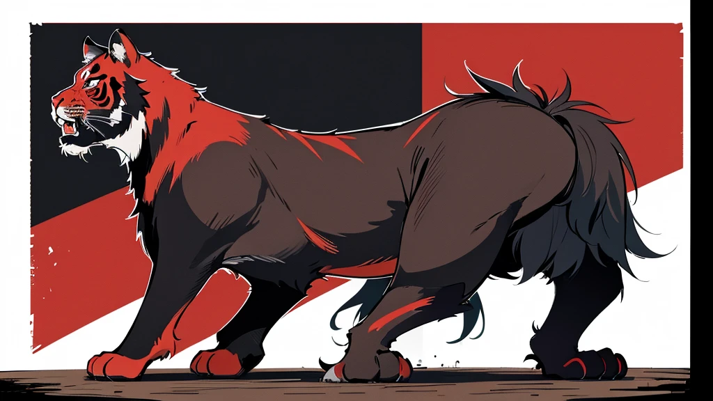 A square flag，The base color is red，There is a black tiger with a lame leg on it.