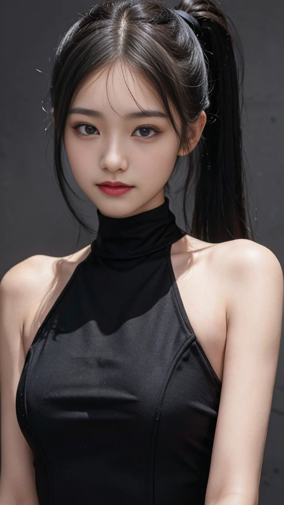 18-year-old schoolgirl, cute schoolgirl, beautiful girl, delicate and beautiful girl, delicate facial features, long-range portrait, 8K picture quality, extreme detail, detail portrayal, messy hair, (cute bangs), ponytail, flowing hair, black hair, slim face, perfect proportioned body, slim body, realism, super high resolution, master work 1, real texture, movie lighting realism, facial features, supple lips, ((pure desire makeup)), pure girl, first love, first love, shyness, Blush, shyness, innocent expression, summer, outdoors, ((street reality)), gaze at the camera, look at the viewer, (turtleneck sleeveless crop top), ((pink), leather wrapping, (huge breasts), sleeveless