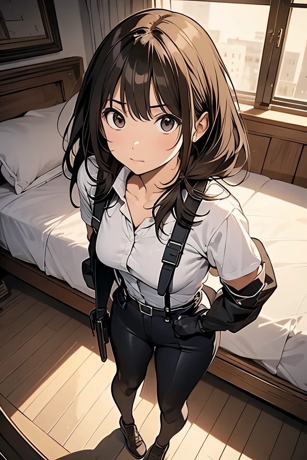 1 female, , high quality, masterpiece, Ultra-high resolution, , Cinema Lighting, , , And the suspenders with the cranes flying Moderate breasts Small face holster Lying in bed Looking up Sweat belt summer 脇Sweat Black Hole Gloves suit shirt Black jacket Black trousers Leg Links ズボンにbelt holster Hands behind your back Anxious expression Looking up Anxious face, legs apart