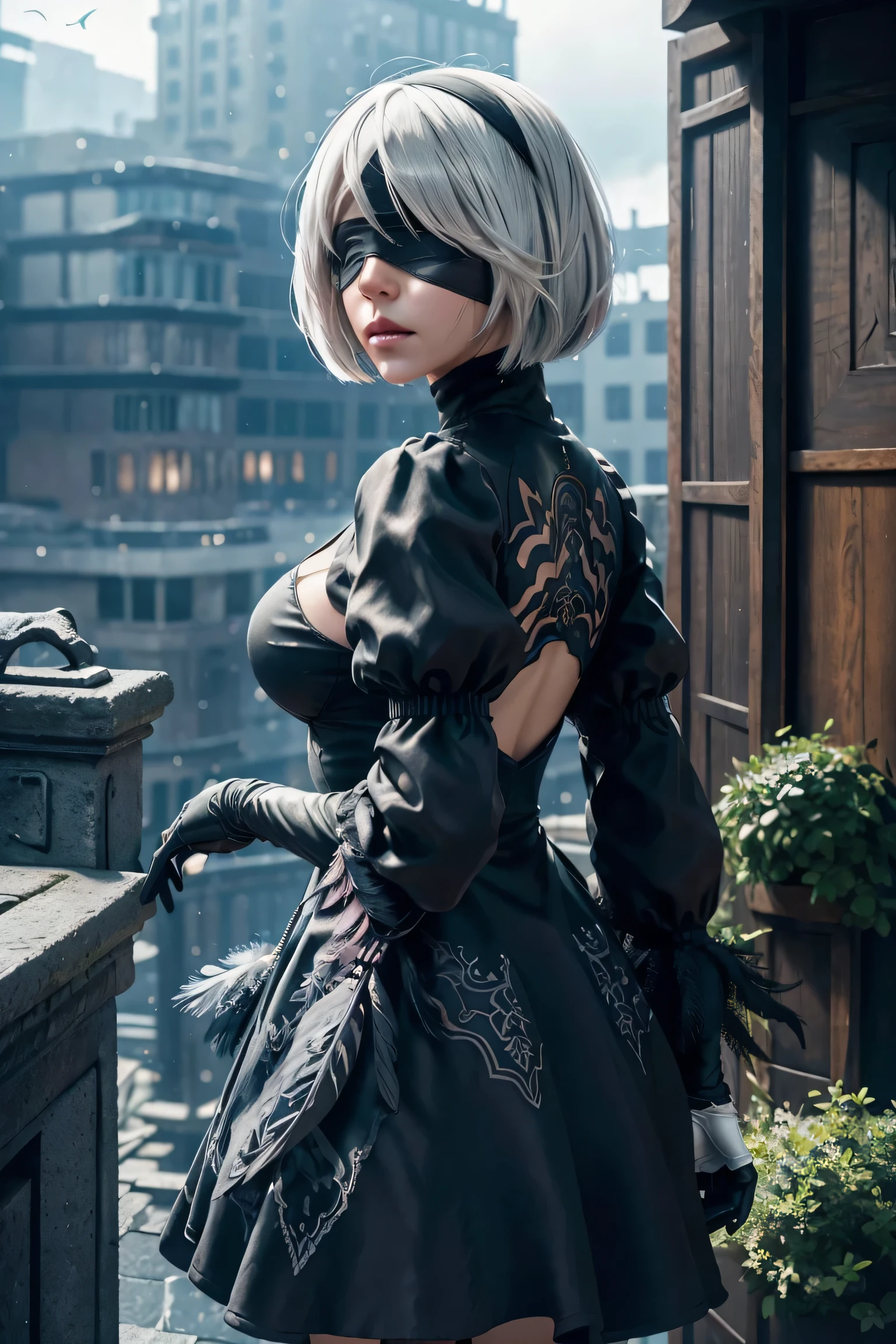 2B Nier Automata,Bobcut, Gray Hair,Long sleeve, Juliet Sleeve, White gloves, turtleneck, bangs, Feather ornament, Feather ornament sleeves, Blindfold, Black Goth Dress,Japanese Ultra HD,super high quality,masterpiece,Digital SLR,Photorealistic,Detailed details,Vivid details,Depicted in detail,A detailed face,Detailed details,Super Detail,Realistic skin texture,Anatomical basis,Perfect Anatomy,Anatomically correct hand,Anatomically correct fingers,Complex 3D rendering,Sexy pose,Rainy Sky,Beautiful scenery,Fantastic rainy sky,Fantasy worldview,Picturesque,Pink Lips,Black butterfly々Fluttering,Black Rose Field,