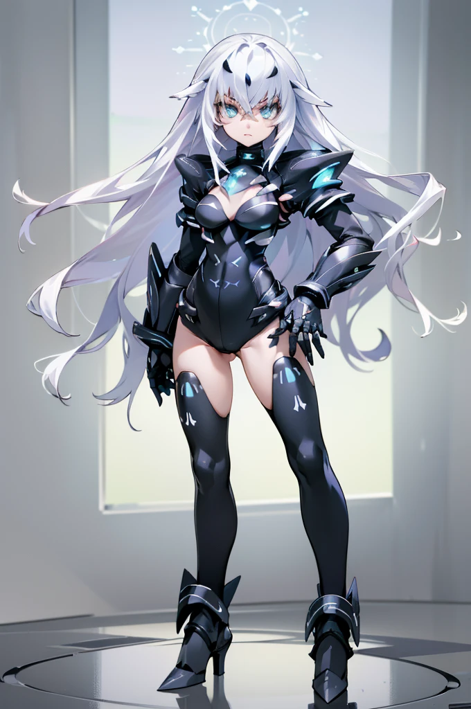 ((detailed), high_quality, master_quality, (realistic), (full_body), standing, 8k, masterpiece, (Black_Heart), white_hair, medium_breasts, sexy, BlackHeartBase, symbol-shaped pupils, black leotard, elbow gloves, (melusine), 1stascend, black thighhighs, armor, armored dress, (blue armor), breastplate, gloves, mask, pauldrons, shoulder armor, high_heels