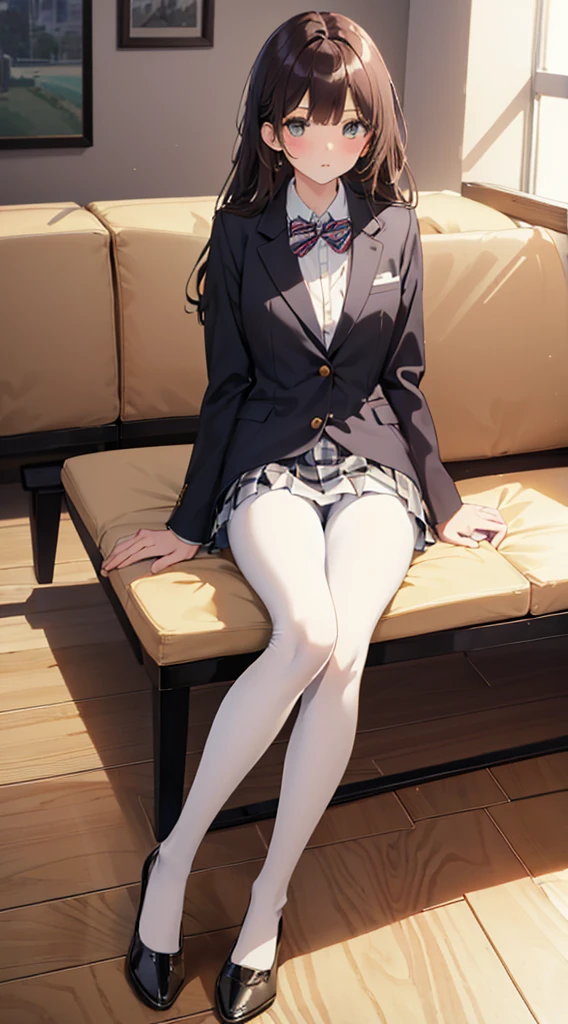 Top quality, masterpiece, High resolution, (Head to toe full body), front, frontやや下からの構図, Symmetric, Tall 18 year old girl, alone, (Head to toe), (Small breasts), bangs, (black tights), (Black Pantyhose), (Sit with your legs apart), (Crouching pose), (A composition showing white panties), (Her legs were spread、I see your white pants.), (I was made to sit on the floor with my legs spread..), (M-shaped legs), Thin legs, A very beautiful and tall 18 year old girl, (No shoes), blush, Shy big eyes, looking at the camera, Blazer Uniform, Checkered Pleated Skirt